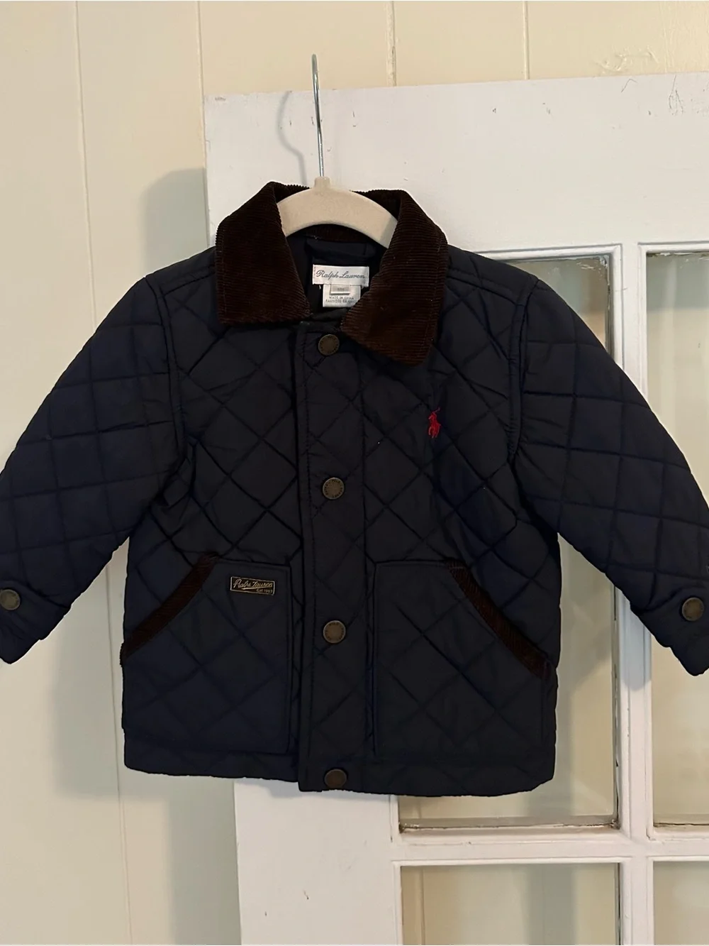 Ralph Lauren Navy Quilted baby Jacket with Brown Corduroy Collar (12 months)